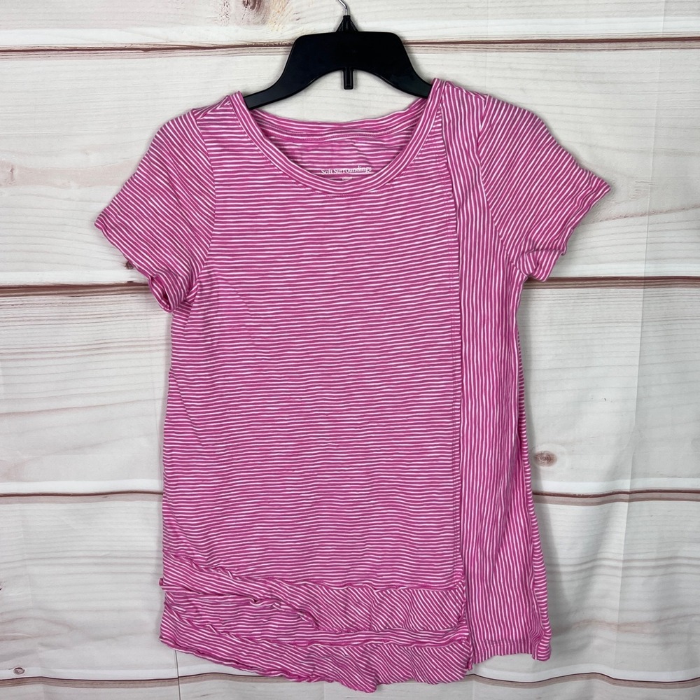 Soft‎ Surroundings Top Womens XS Pink Striped Tunic T-Shirt Cotton Ruffles Knit
